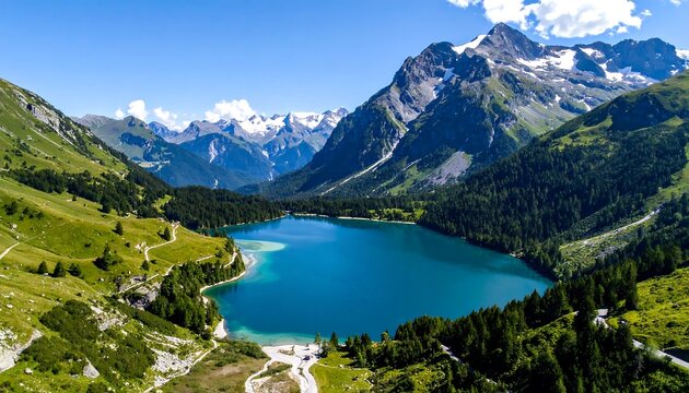 Aerial view of a blue lake nestled between grassy hills and snow capped mountains under a clear blue sky
