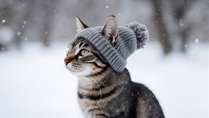 Cozy Cat in Winter Wonderland: A curious feline, adorned in a charming beanie, stands amidst a gentle snowfall, observing its winter surroundings with a sense of wonder and tranquility.