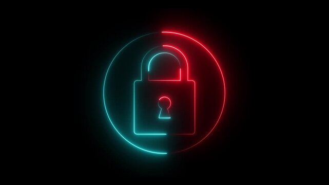 Neon padlock icon animated on a black background. Symbolizing subscription and digital privacy, padlock logo animation with neon glowing lines 4k video