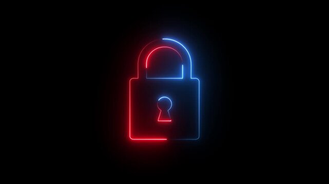 Neon padlock icon animated on a black background. Symbolizing subscription and digital privacy, padlock logo animation with neon glowing lines 4k video