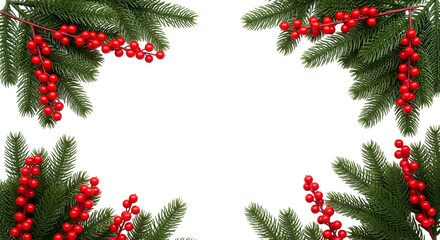 Festive christmas fir branches with red berries forming a border, isolated on transparent background