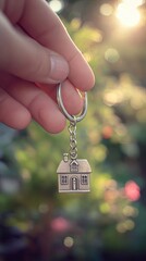 Hand Holding Miniature House Keychain Outdoors