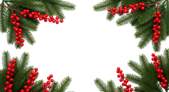 Festive christmas fir branches with red berries forming a border, isolated on transparent background - Powered by Adobe