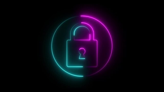 glowing neon lock icon protection safety security privacy password circle closed animated sign symbol. abstract neon glowing lock icon animation in red color security encryption 4k video