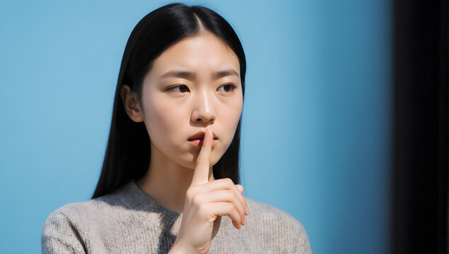 Quiet Contemplation: A woman, finger pressed to her lips, communicates a moment of tranquility and silent consideration. The azure background serves as a canvas for her subtle expression