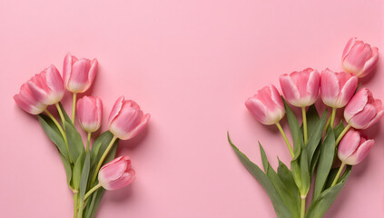 Fototapeta premium Blossoming Tulips' Harmony: A vibrant arrangement of delicate pink tulips blooms gracefully, set against a soft and pastel backdrop, creating a sense of floral elegance.