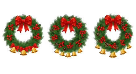 Three festive christmas wreaths decorated with red bows, holly berries, and golden bells, isolated on transparent background