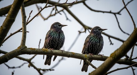 Two Starlings Perched on Bare Tree Branches Against a Cloudy Sky.