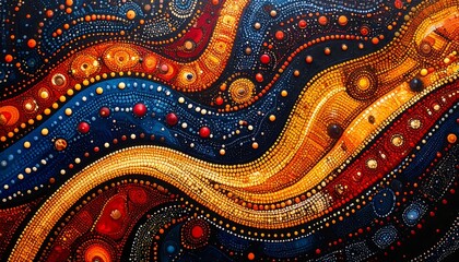 Abstract, swirling patterns of blue, gold, orange, and red dots creating a textured, vibrant, and dynamic visual art
