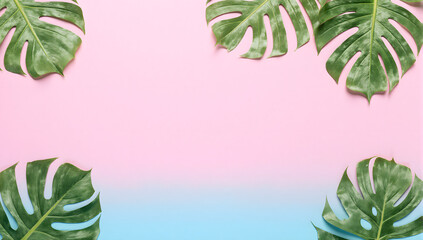 Monstera Leaf: tropical vibes with green monstera leaves framing a soft pastel pink and blue gradient, evoking a sense of calm and natural beauty. 