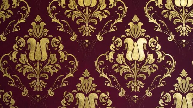 A regal red background adorned with gilded floral patterns. Repeating ornate leaf designs