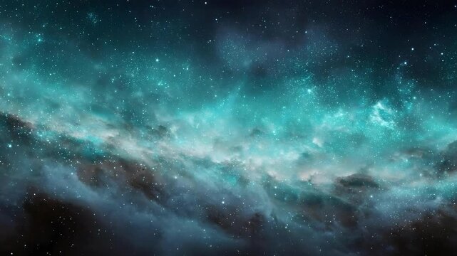 A turquoise nebula in deep space with wispy gas clouds and twinkling stars.