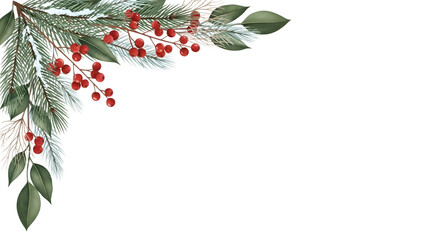 Christmas corner decoration with pine needles, holly berries, and green leaves, isolated on transparent background