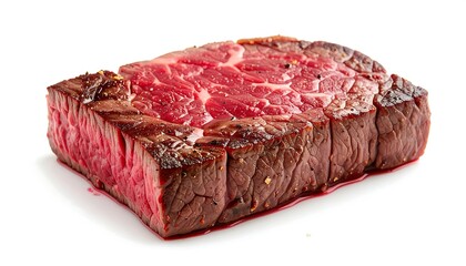 A juicy, medium-rare steak slice on a white surface, showing marbling and sear marks. Close-up shot