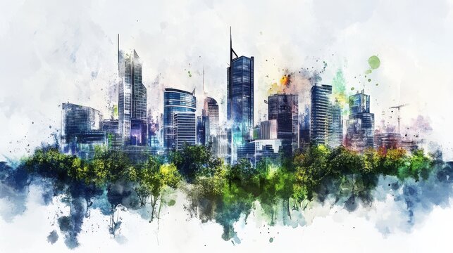 Stylized watercolor cityscape with skyscrapers and greenery