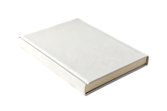Blank white hardcover book, closed with textured cover and cream pages, cutout, PNG isolated on transparent background