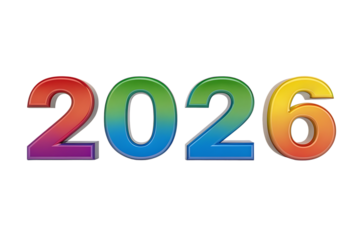 3D rendered numbers 2026, with rainbow gradient colors and metallic sheen, cutout, PNG isolated on transparent background