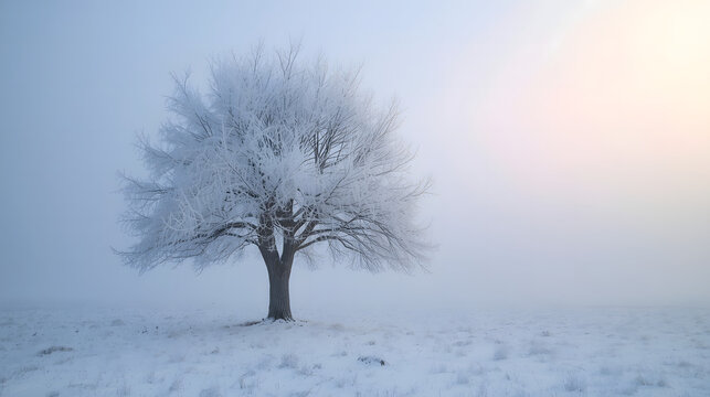 A solitary tree covered in frost stands in a field shrouded in a dense, ethereal fog.