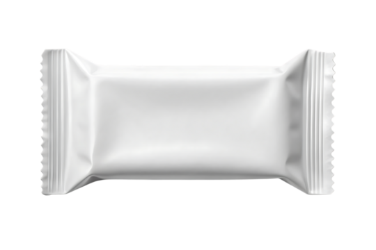 Rectangular white candy bar wrapper, with crimped edges, cutout, PNG isolated on transparent background