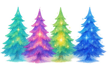 Obraz premium Christmas trees set on transparent background, colorful watercolor illustrations of glowing festive elements