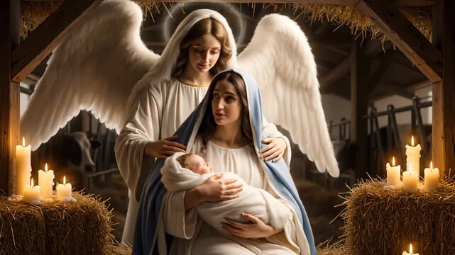 A serene nativity scene depicting Mary cradling Baby Jesus, surrounded by warm candlelight and a gentle angelic figure.