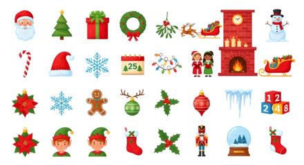 Collection of christmas icons and symbols isolated on transparent background
