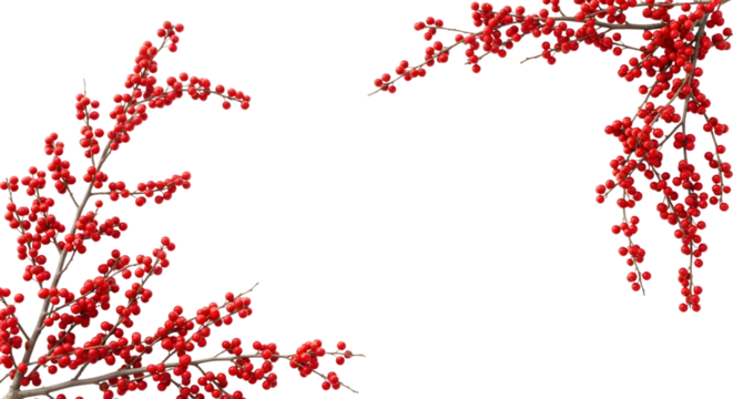 Branches with small red berries isolated on transparent background, framing the empty space
