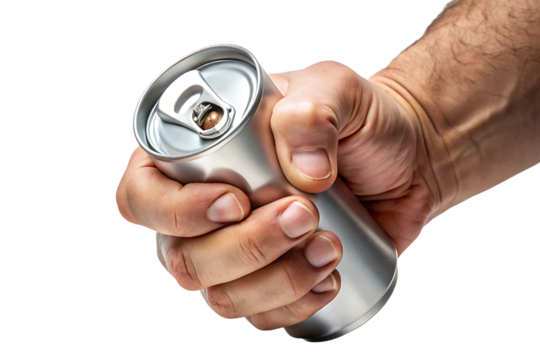 Hand gripping a silver aluminum beverage can, with open tab, cutout, PNG isolated on transparent background