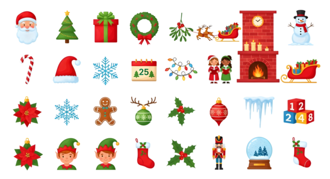 Collection of christmas icons and symbols isolated on transparent background