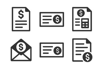 Financial document and payment icon set with dollar symbols.