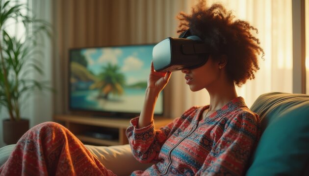 Young African American woman using VR headset in living room - Powered by Adobe