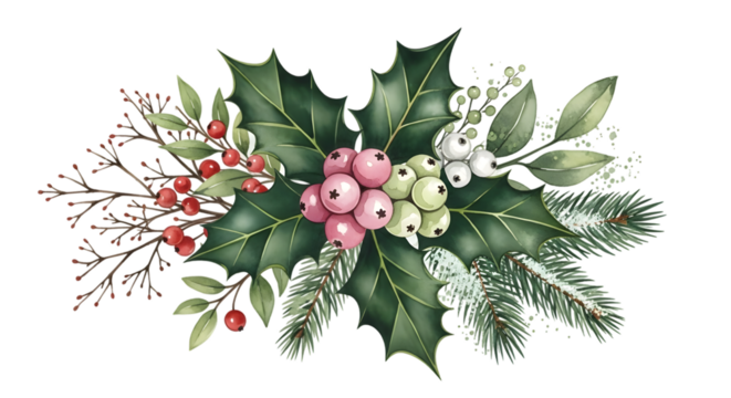 Watercolor christmas floral arrangement with holly, berries, and pine branches, isolated on transparent background