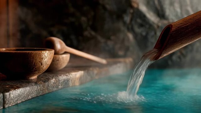 Wooden ladles and bowls rest on a stone ledge as water pours from a wooden spout into a turquoise hot spring pool.