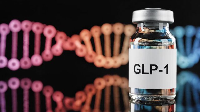 GLP-1 hormone vial for diabetes and weight loss treatment with a DNA helix background, a concept for scientific research Animation 4k