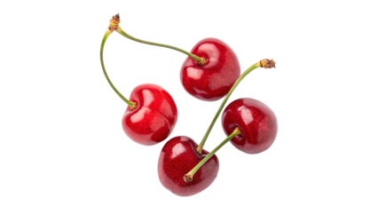 Four Fresh red cherries grouped together isolated on transparent background