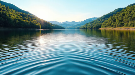 Obraz premium Serene lake reflecting mountains and trees under bright sky, creating peaceful atmosphere