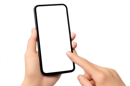 Hand, Holding Smartphone with Blank White Screen and Finger Touching Display, cutout, PNG isolated on white or transparent background