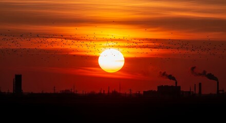 Vibrant Orange Sunset Over Industrial Silhouette with Glowing Sun.