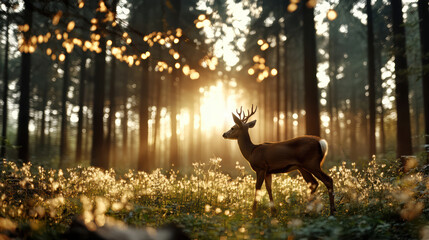 Deer stands gracefully in sunlit forest, surrounded by glowing foliage and tranquil ambiance