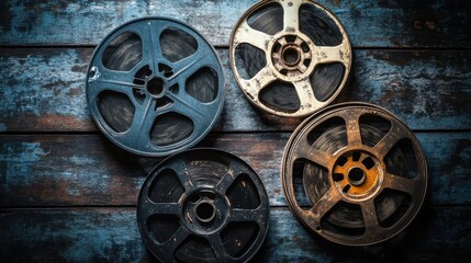 Old film reels arranged on a wooden surface showcasing vintage cinematography tools and materials