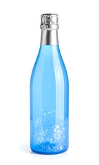Blank Light Blue Sparkling Beverage Bottle with Silver Glitter and Foil Cap Isolated on White Background &ndash; Elegant Festive Celebration Mockup for Branding, Party, and Luxury Drink Design