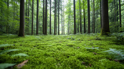 Fototapeta premium Lush forest with tall trees, vibrant green moss, and soft filtered light creates tranquil