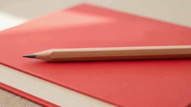 A sharpened wooden writing tool rests on a vibrant red notebook with pale pages