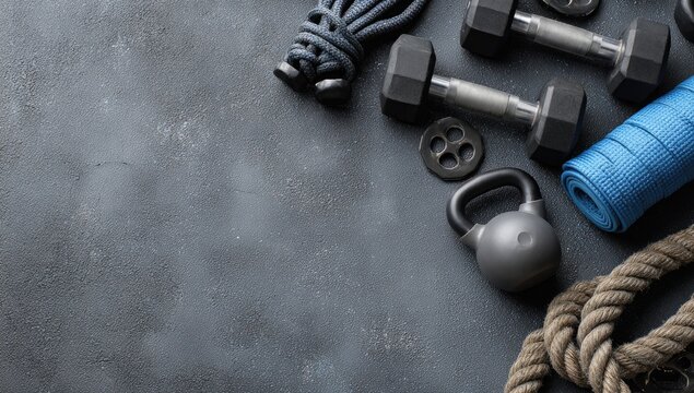 Fitness equipment like dumbbells, a kettlebell, rope, and a yoga mat on a textured background
