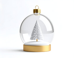 A clear snow globe with a festive white Christmas tree inside, perched on a golden base, isolated against a pure white backdrop, perfect for holiday themes