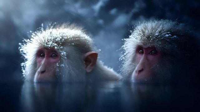 Two snow monkeys with frost on their fur peering over a misty, icy pool.