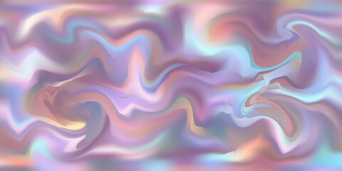 Elegant iridescent holographic backdrop with gentle swirling colors blending lavender, peach, and teal. Luxurious and modern fluid art texture.