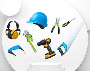 Construction tools and safety equipment floating over podium on abstract background, industrial work and protection concept