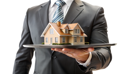 Man in a Suit, Holding a Miniature House on a Serving Tray, cutout, PNG isolated on white or transparent background