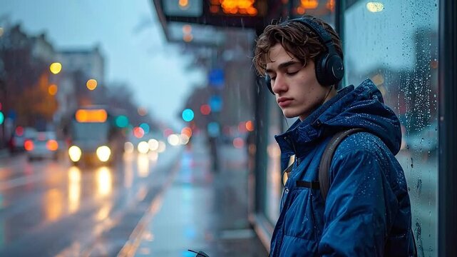 Young man wearing headphones at a bus stop on a rainy day, listening to music and looking at his phone
